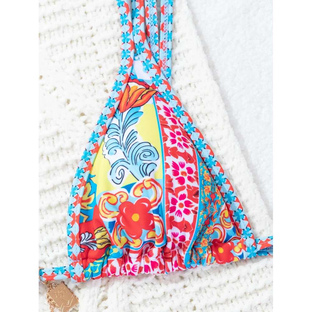 Colorful printed bikini set for women, sexy string, triangle bra, 2-piece swimsuit, straps, bare back, beach, holiday, swimsuits, 2024