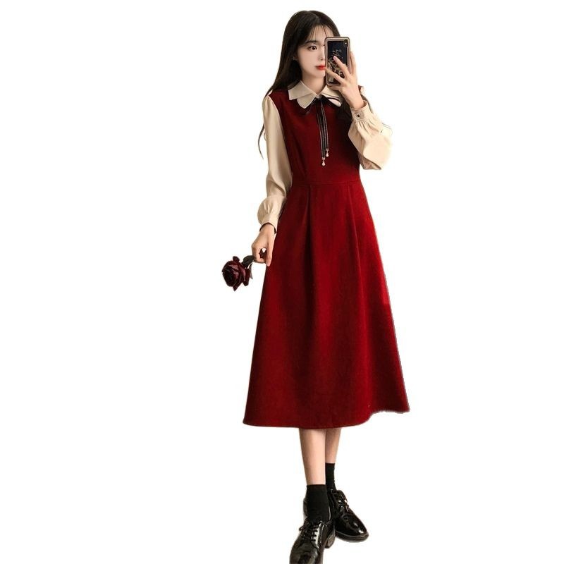 X515523 New style dress college style long sleeve retro forest style skirt temperament slim French long skirt women's clothing