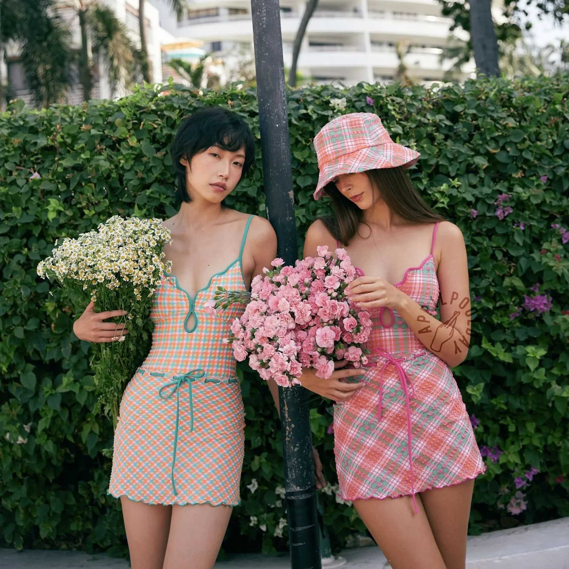 2024 Korean Sexy Cute One Piece Swimsuit Women Plaid Swimwear With Monokini Lace Up Halter Bathing Suit Padded Beach WearXJ250315