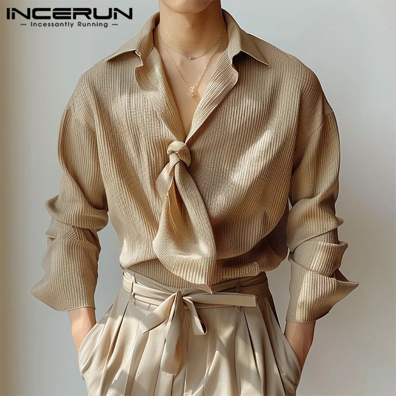 INCERUN Tops Korean style mens casual simple texture tie shirt for autumn and winter fashion mens long sleeved shirt S-5XL 250314