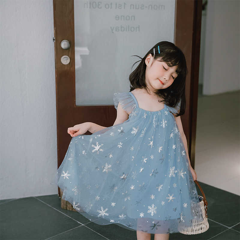 Girl's Dresses 23 Summer New Frozen 2 Elsa Girls Blue Dress Girls Sleeveless Mesh Princess Strap Skirt