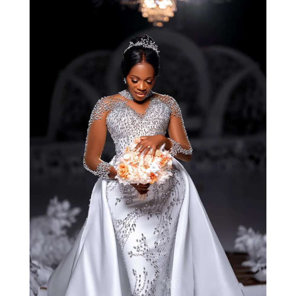 Custom Sparkle Crystals Heavy Beads Mermaid Dress With Removable Satin Skirt Full Sleeves Button Back Wedding Dresses