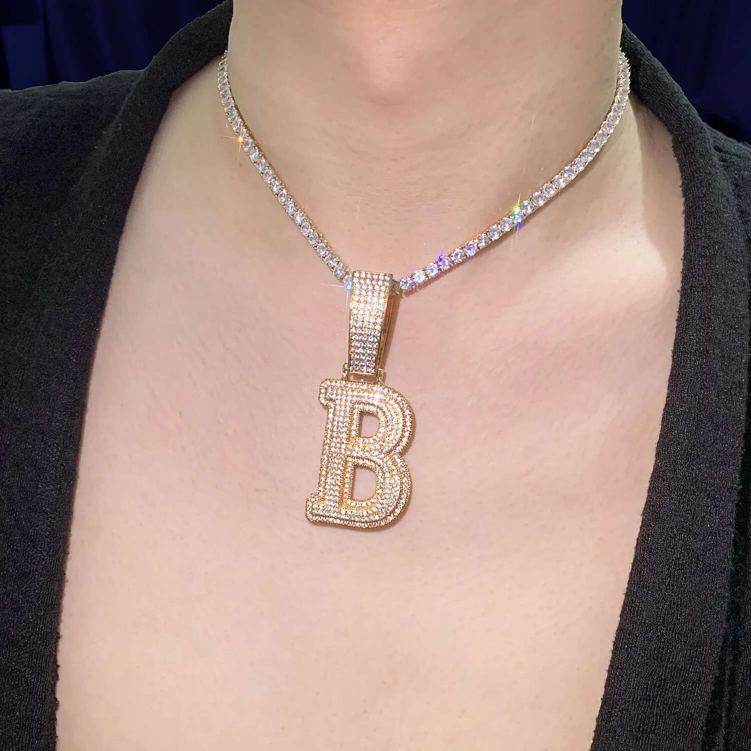 CUC Double Layer Initials Letter Pendant Iced Out CZ Zircon Hip Hop Necklace For Men Women Chain Customized Jewelry Single A-Z