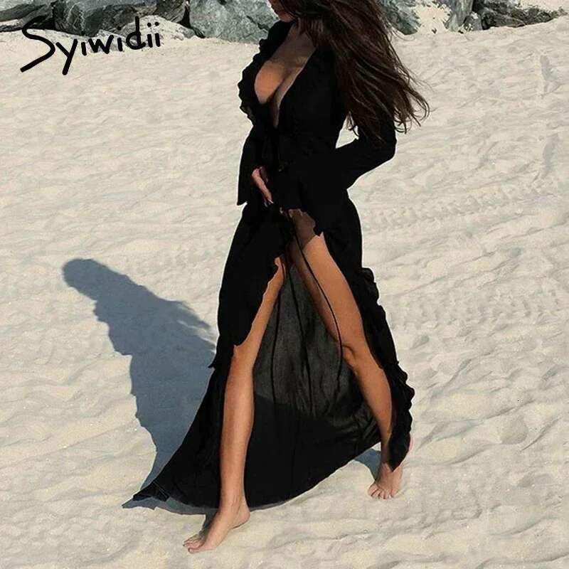 Syiwidii Irregular Ruffles Women's Chic V Neck Long Sleeve Lace Beach Dress Summer 2024 Fashion Lady Vacation Cover Up