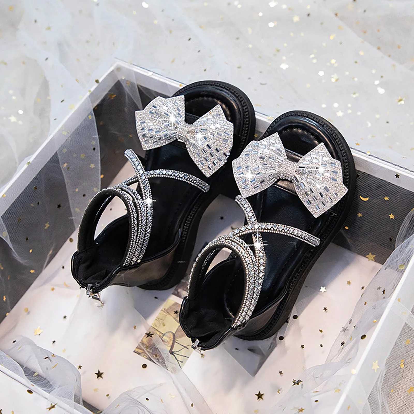 Summer new rubber sole lightweight breathable rhinestone bow girl beach sandals girl dress sandals size 12T250315