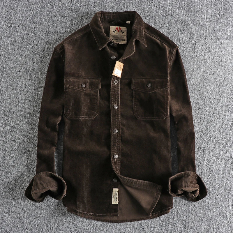 Retro washed Corduroy long sleeved shirt for men simple and loose winter thick jacket 250313