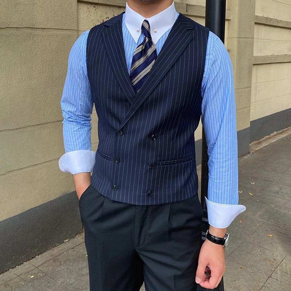 British Style Business Mens Striped Suit Vest Retro Double-breasted Elegant Slim Lapel Casual Mens Vest Retro Waistcoat Trendy 250310