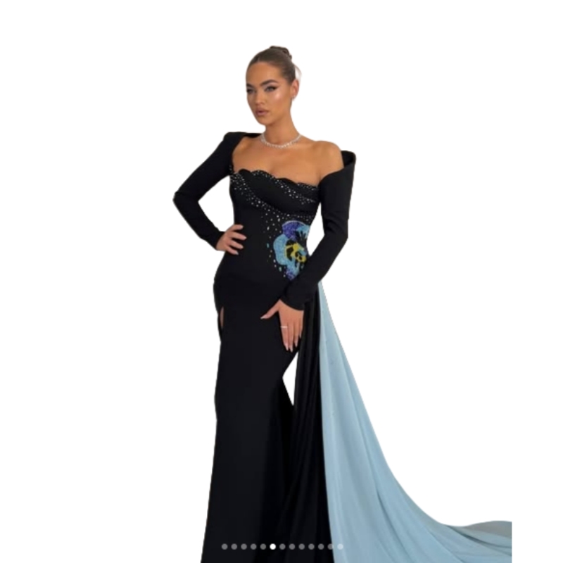 2025 Elegant Black Mermaid Prom Dresses Side Slit Long Sleeves Chic Formal Party Gowns Embroidery Floral Beaded Evening Dress For Women