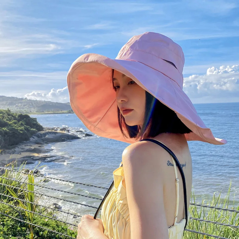 Large Brim 18cm Sun Hat with String Women UV Protection Female Outdoor Fisherman Cap Fold Summer Beach Solid Bucekt Hat 250314