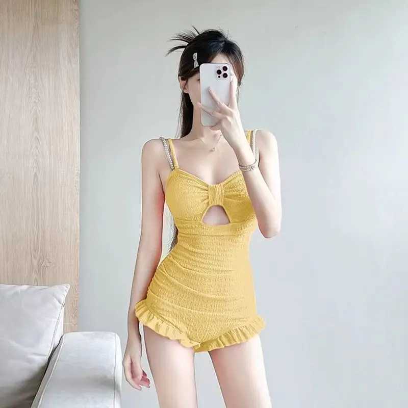 New One-piece Swimsuit Fairy Beach Ins Ears Pearl Suspender Hollow Bow Dopamine Vacation Hot SpringXJ250315
