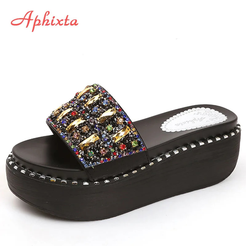 Aphixta Platform Rhinestone Sandals Slippers Women Gemstone Slides Women Shoes Wedge Slippers String Bead Beach Slides Shoes 250314