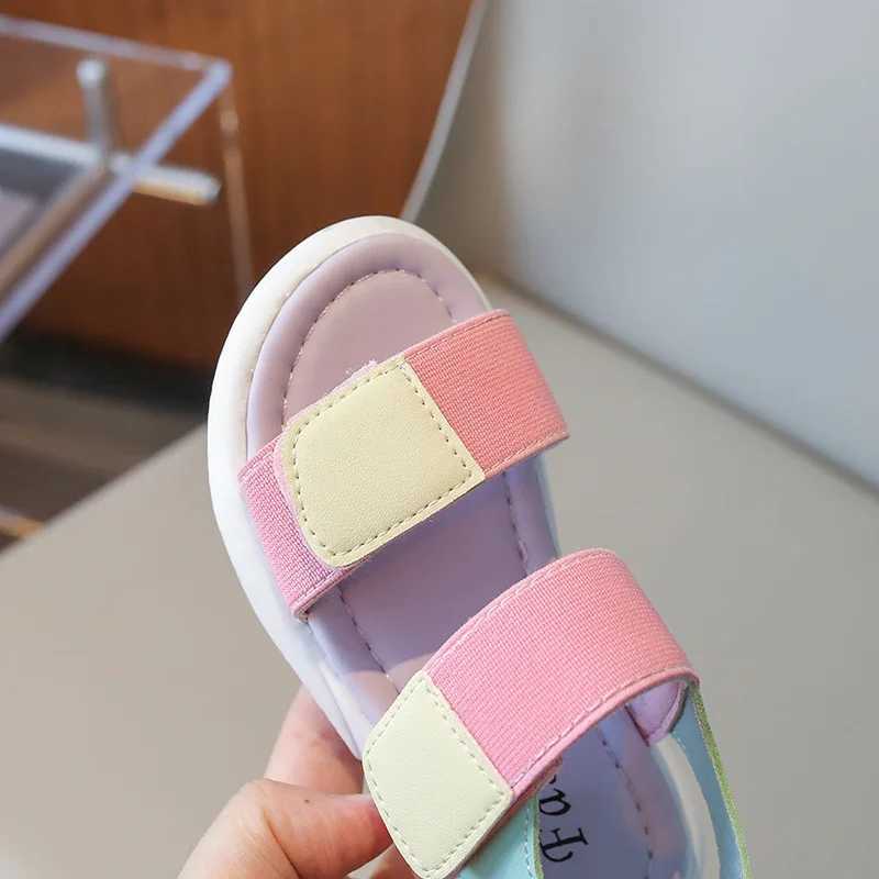 Girls sports sandals mixed color decoration soft bottom anti slip pink comfortable Velcro PU upper open fashion childrens shoesT250315