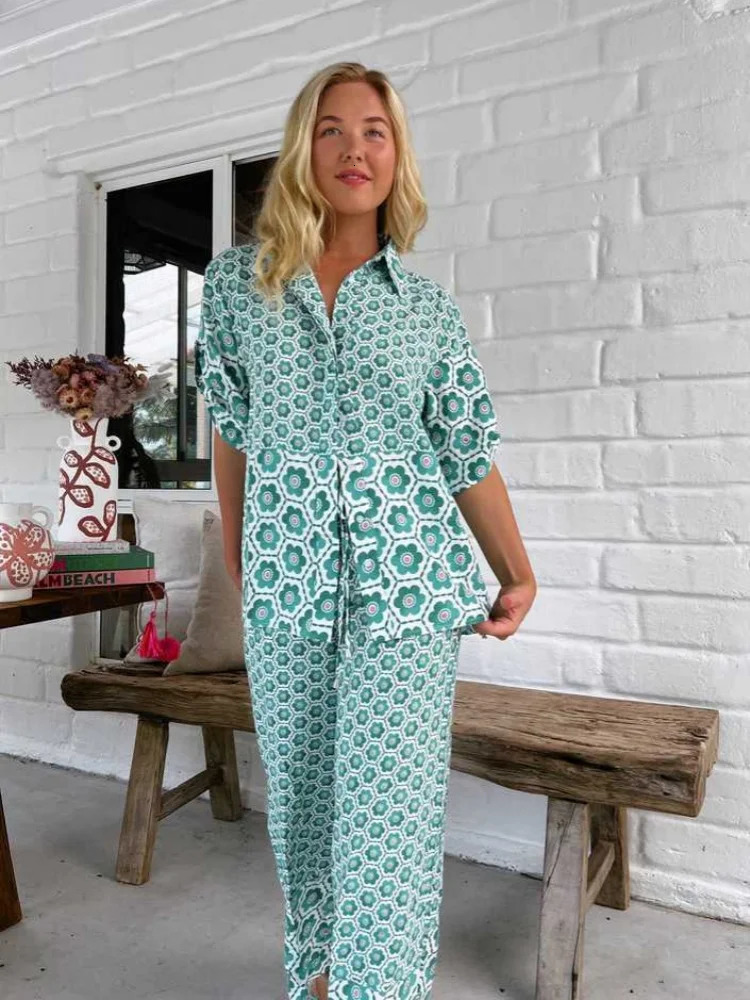 Bohemia Floral Print Loose Beach Pants Sets Women Causal Short Sleeve Shirts Two Piece Female Summer Outfits Streetwear 250313