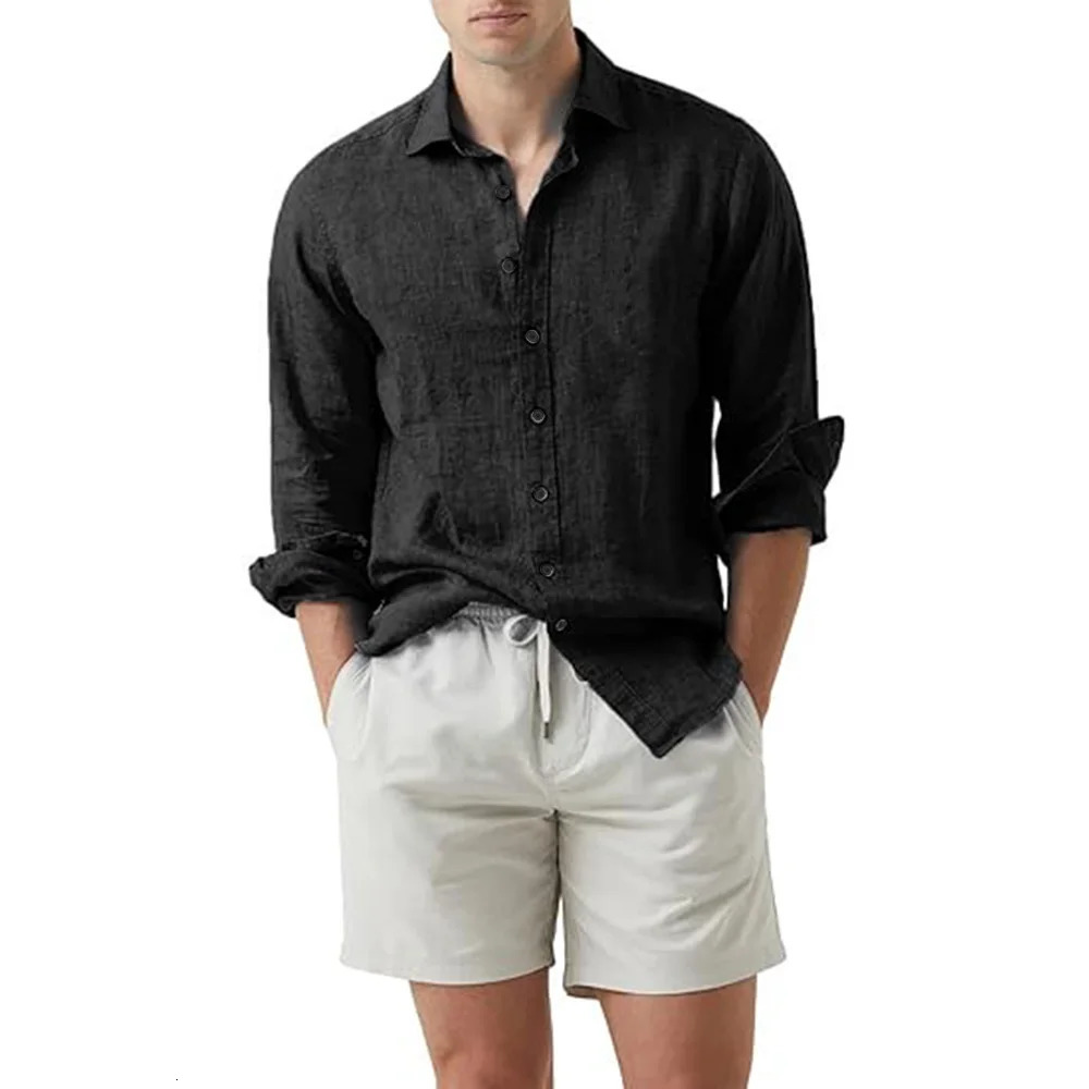 Summer beach cotton linen shirt mens open top long sleeved lapel slim fit large size 250314