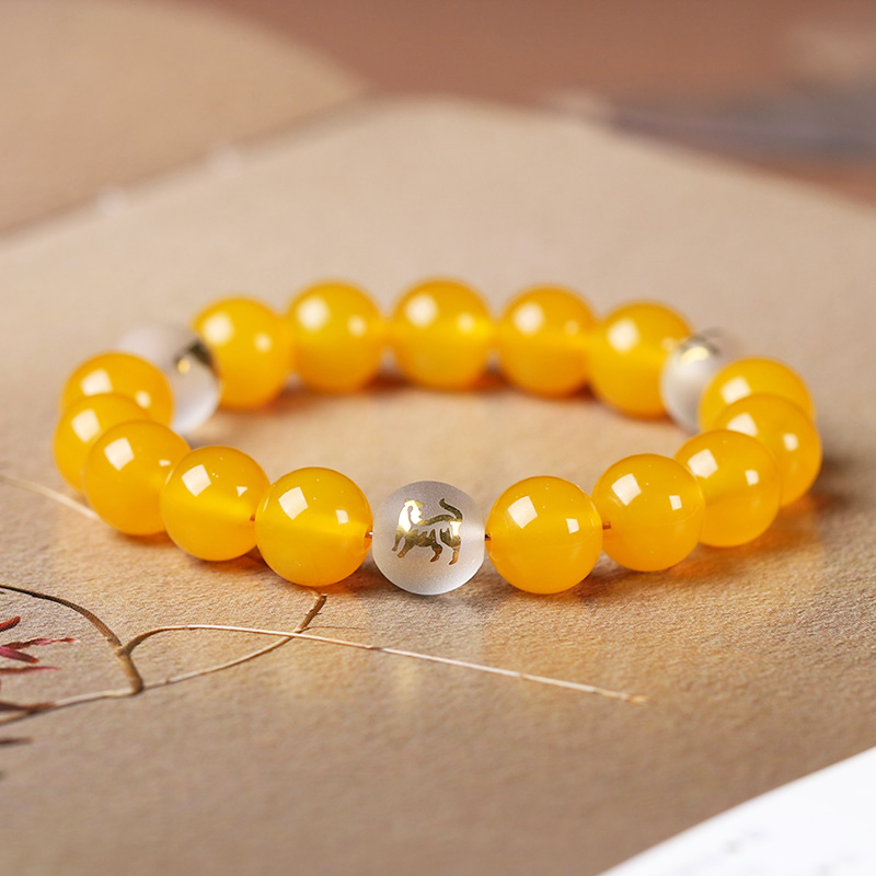Natural 7A Grade Yellow Agate Zodiac Triad Bracelet Men's and Women's Yellow Jade Crystal Buddha Bead Strings