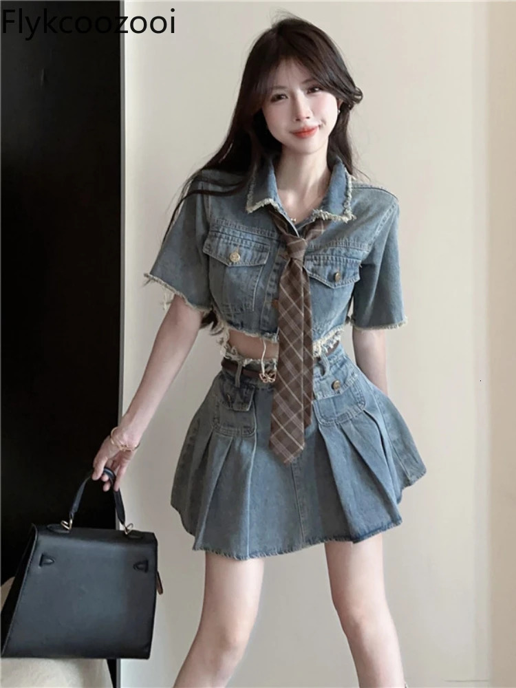 Summer Raw Edge Lapel Pure Slimfit Short Denim Coat Skirt Tie Fashion n Set Womens Elegant Clothing 250312
