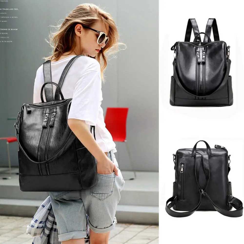 New Arrival School leather black casual multifunctional bag womens soft backpack university backpack large capacity shoulder bag handbag T250315