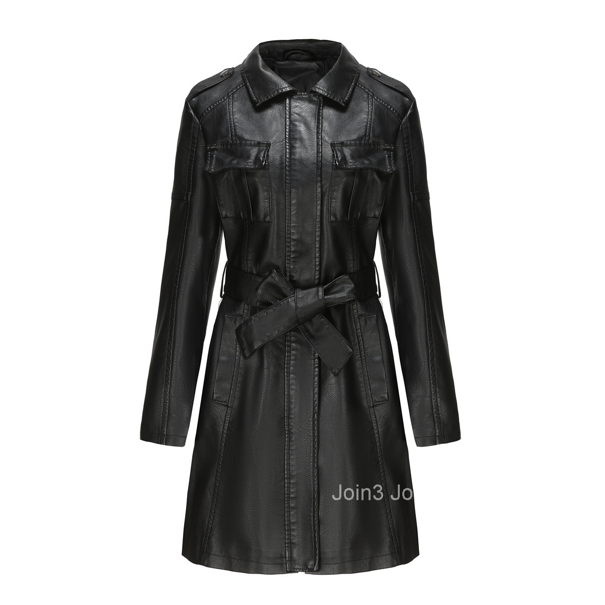 Fashion New Mid Length Leather Jacket with Belt Spring and Autumn Long Sleeved Leather Windbreaker Fashionable British Jacket Womens 6652