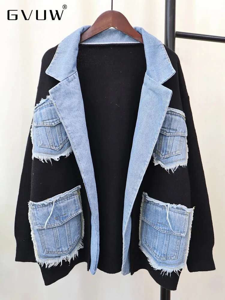 GVUW Niche Design Denim Jackets Women Lapel Spliced Knitted Open Full Sleeve Outwear New 2025 Female Clothing 17G8260