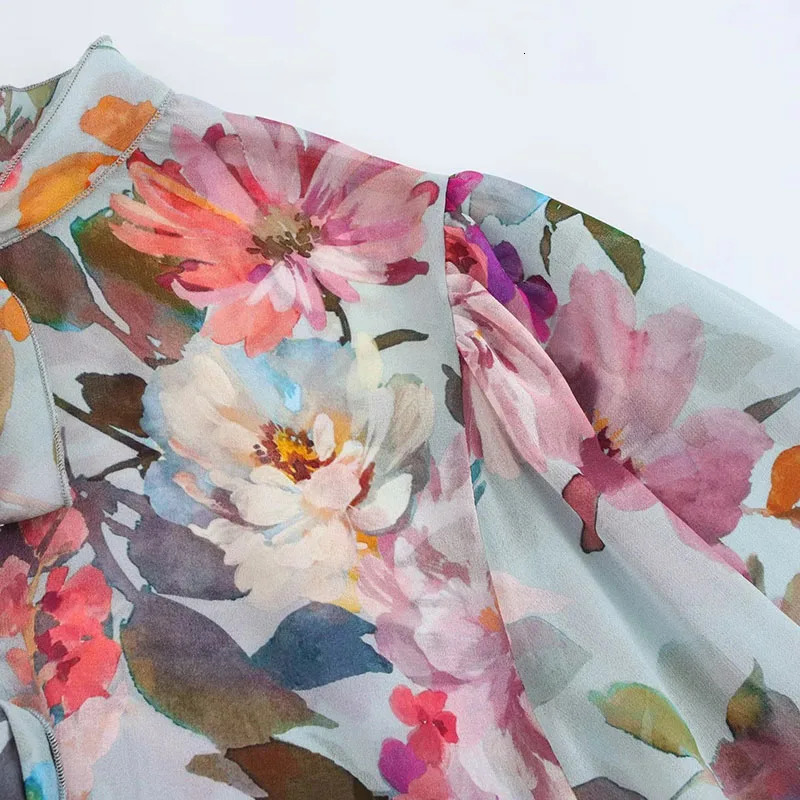 Women Vintage Flower Printed Chiffon Blouses Spring Summer Long Sleeve Bow O-Neck Shirts Woman Holiday Beach Loose Casual Shirt 250310