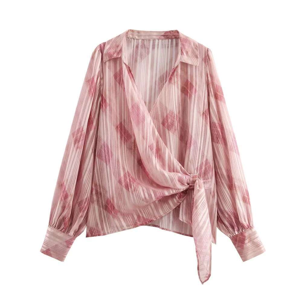 Pb&Za New Ladies' Wrap - Front Blouse With Pleated Details Long Sleeves And Asymmetric Hem For A Trendy Look