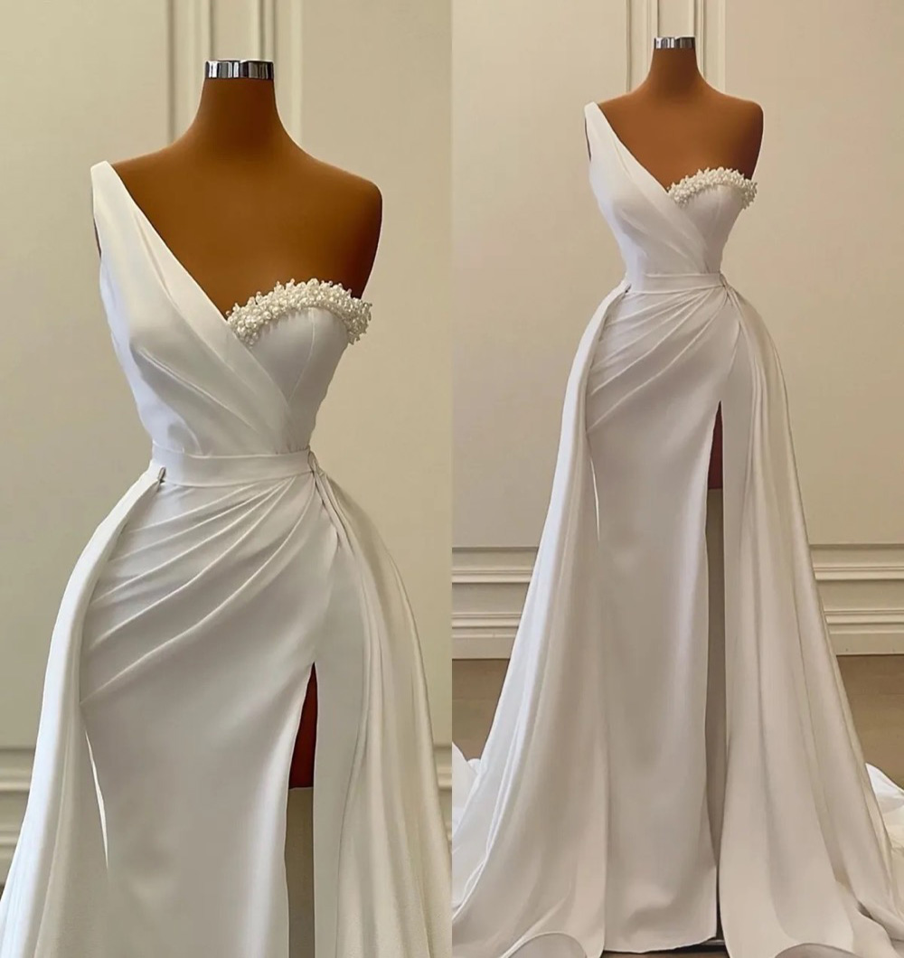 Prom Gown White Evening Dresses Party Mermaid Sleeveless Satin Plus Size Zipper Lace Up New Custom Pleat One-Shoulder Beaded Pearls Detachable Train