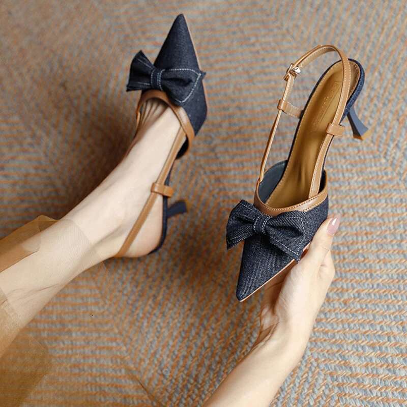 Denim Blue Summer High Heel Women's Sandals Fashion Butterfly-Knot Mules For Ladies Party Dress Shoes
