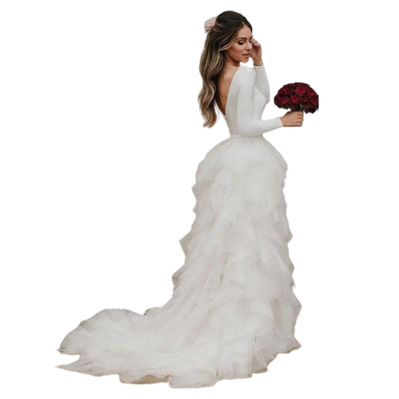 Ruffled A-Line White Wedding Dresses Backless Long Sleeves Boho Bridal Gown Simple A-Line Tiers Tulle Bride Dress Custom Made