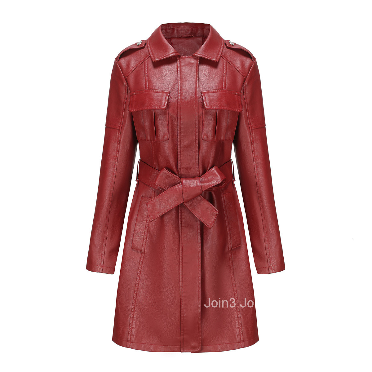 Fashion New Mid Length Leather Jacket with Belt Spring and Autumn Long Sleeved Leather Windbreaker Fashionable British Jacket Womens 6652