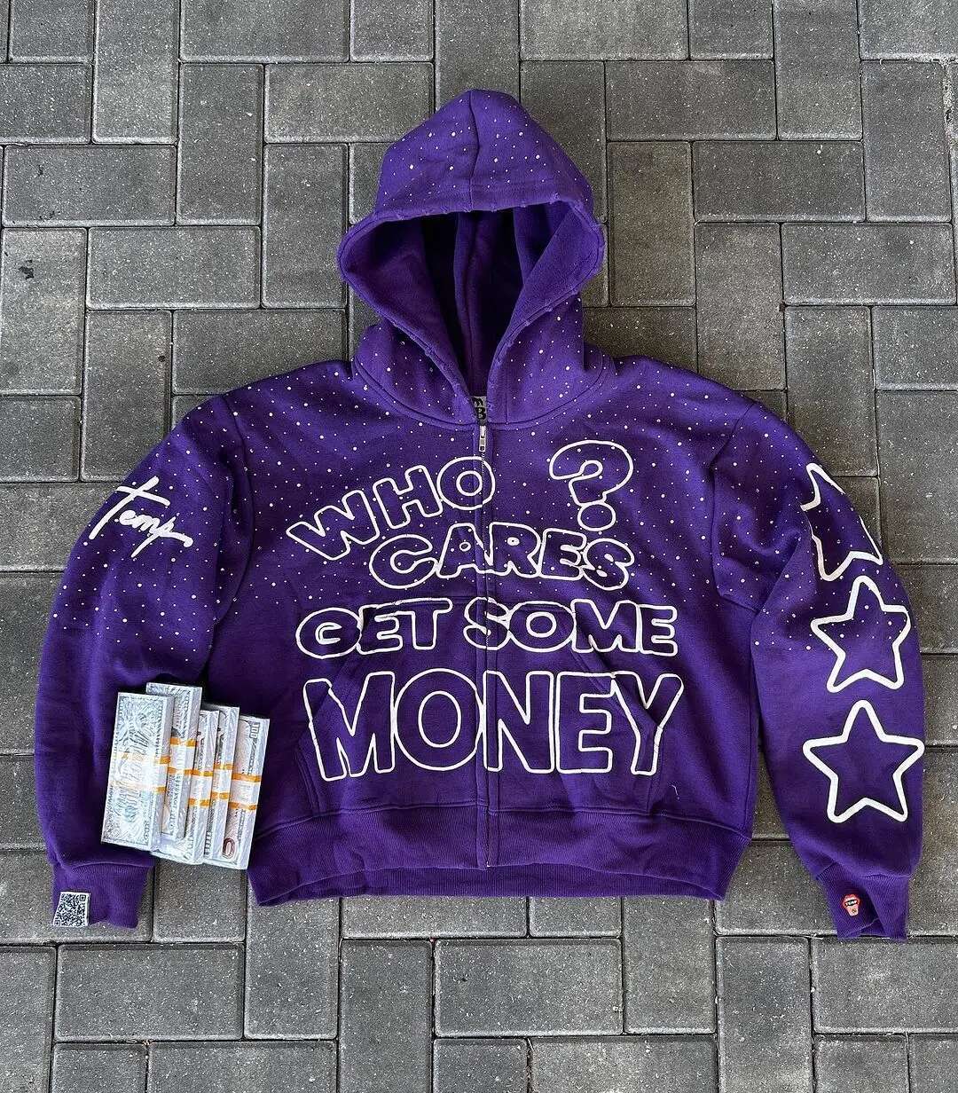 Who Cares Get Some Money Applique Zip Hoodie Womens Graphic Retro Streetwear Casual Hooded Printed Sweatshirt