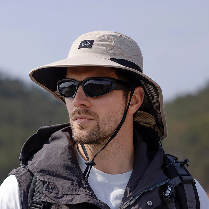 Summer waterproof mens fisherman hat with Shawl outdoor hiking fishing hat breathable wide Brim bucket hat sun protection 250314
