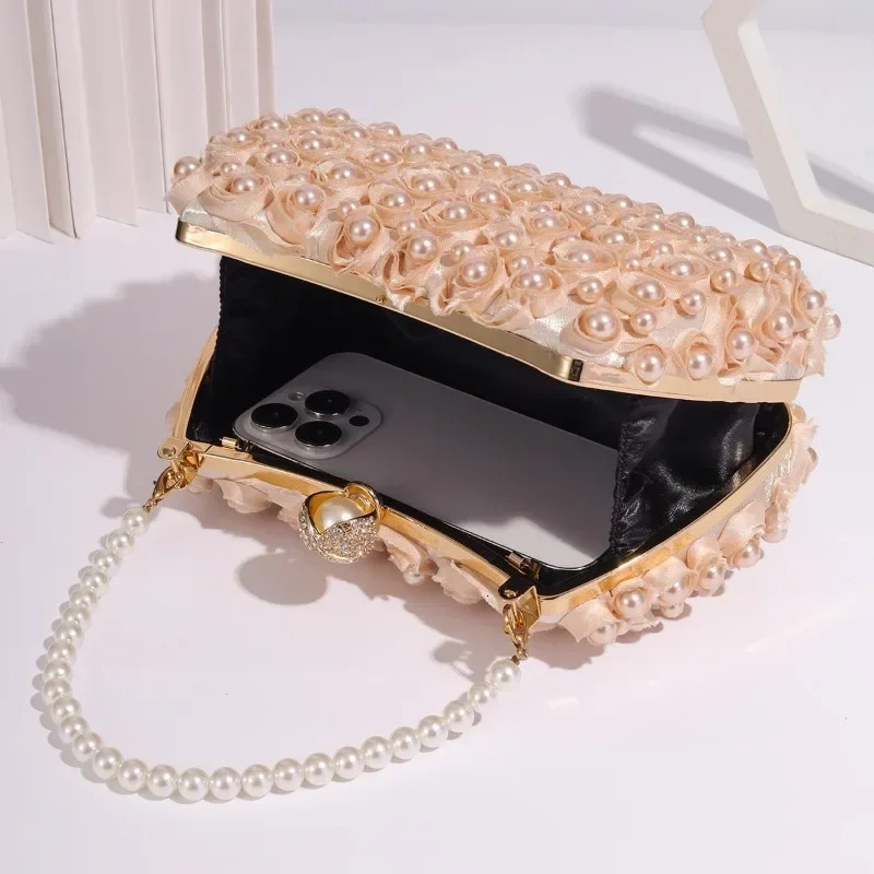 Wedding Party Evening Bag Double Sided Rose Appliques Champange Banquet Handbag Pearl-handle Red Clutch Bags for Women 250314