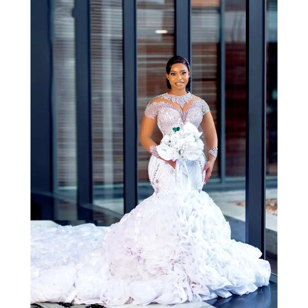 Custom Arabic aso ebi plus size bright crystals beads mermaid dress long sleeves cascading ruffles wedding dresses