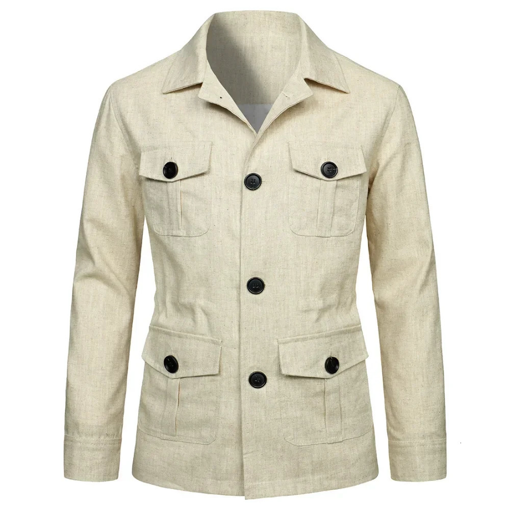 Mens Coats Safari Jacket Linen British Retro Gentleman Set Pocket Coat Solid Color Mens Top 250312