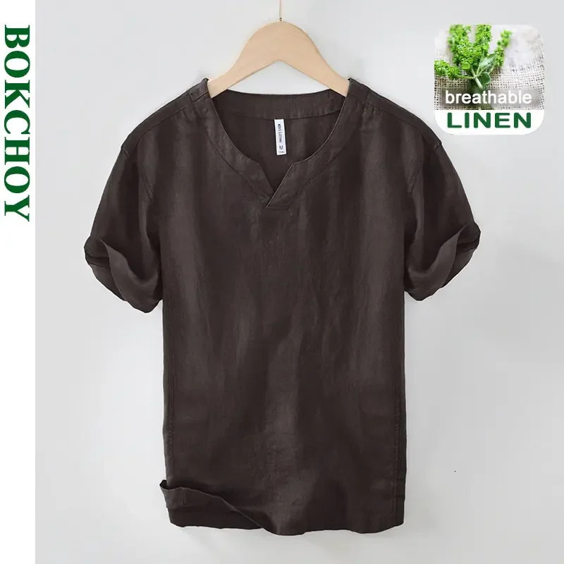 Summer 100% Linen Short Sleeve T Shirt for Men Casual Thin Solid Color Slim Men Clothing BL998 250314