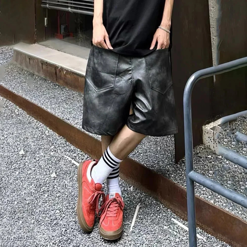 Mens PU leather city hip-hop street clothing casual suitable for trendy summer fashion wide leg bottom style cool oversized mens shorts 250314