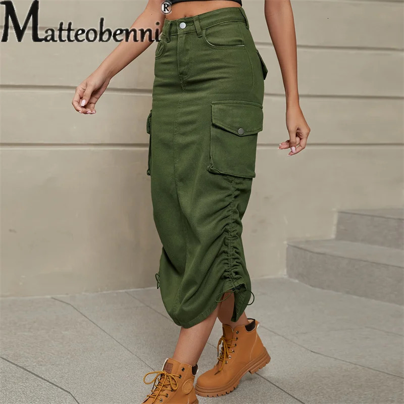 Vintage Draw Pleat Halfbody Dress Women Casual Trend Pocket Splicing Button Denim Overalls Skirt Female Clothes Streetwear 250310