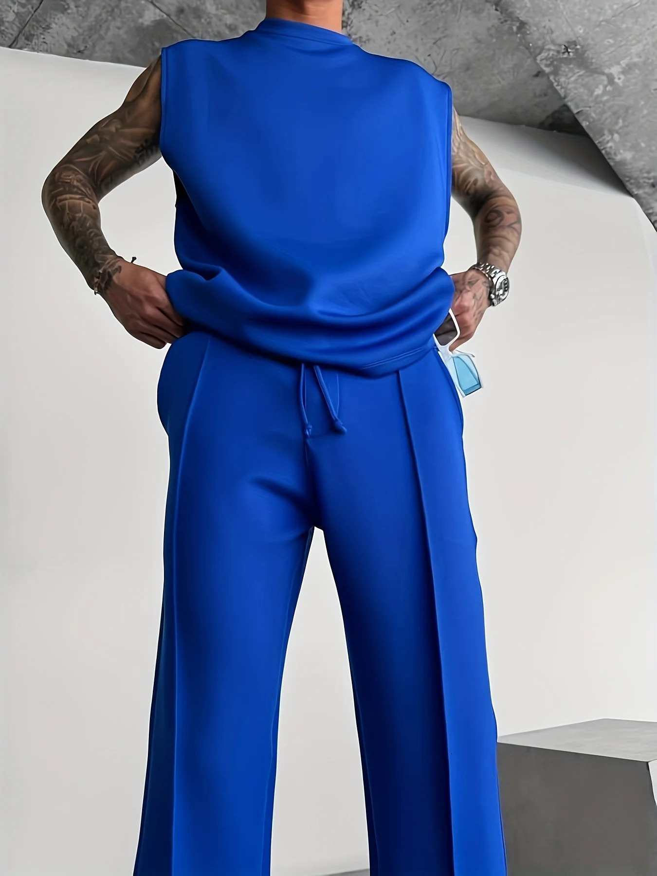 2025 Summer mens sports fashion casual pants vest set loose sleeveless T-shirt solid color set 250310