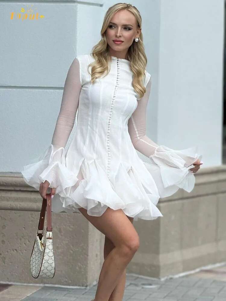Chic Long Lantern Sleeve Waist Cinching Mini Dresses Single Breasted Irregular Pleat Patchwork Women's Dress 2025 Lady Clothing
