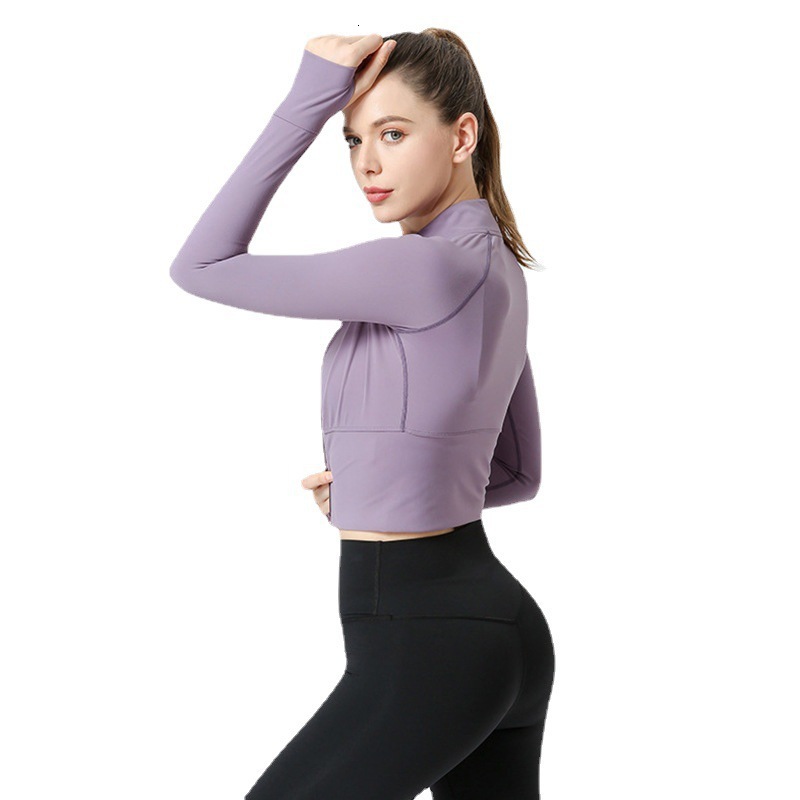 nylon yoga suit women zipper long sleeved top, slim fit with exposed navel for slimming, running and fitness jacket tracksuit