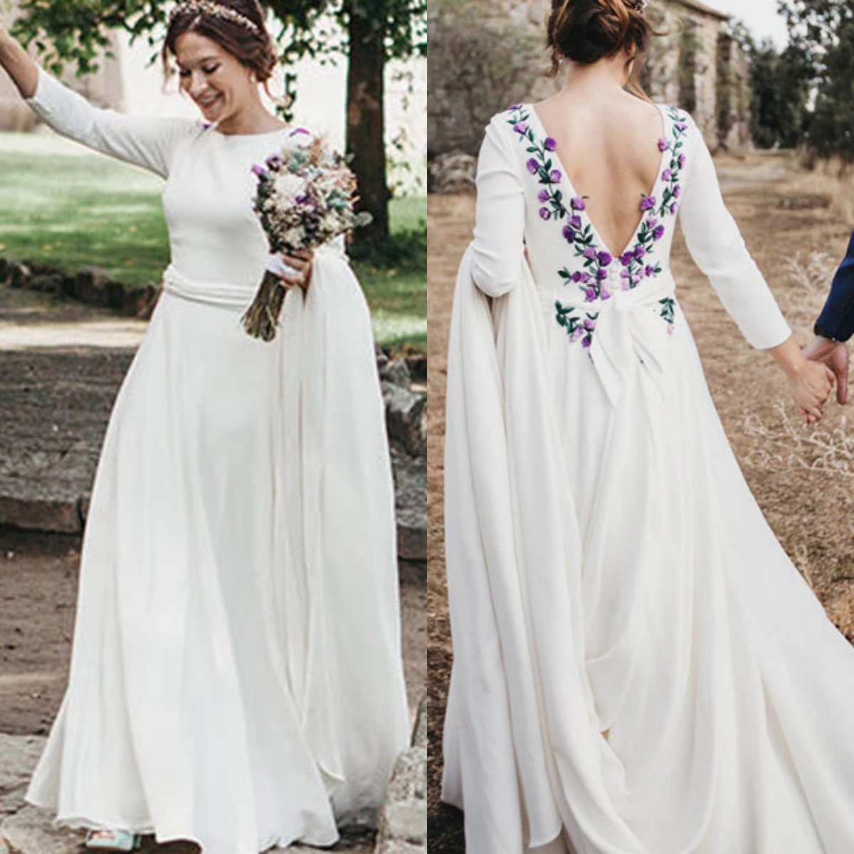 Simple A-Line Satin Wedding Dress With Embroidery Back Long Sleeves Elegant Ivory White Bridal Gown With Detachable Long Train 2025 Garden Vestido De 