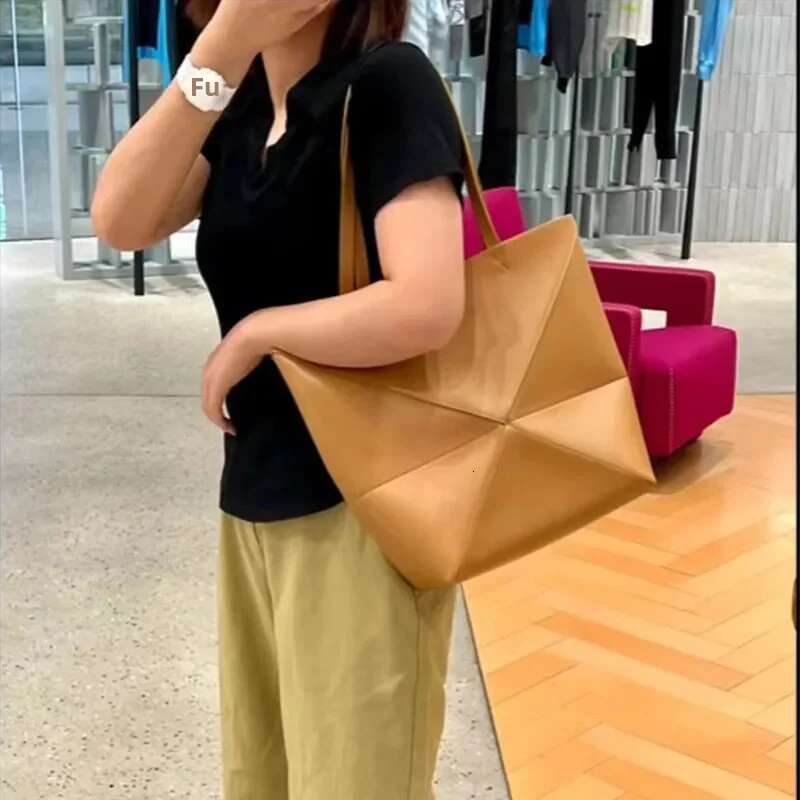 New Large Capacity Foldable Geometric Tote Genuine Cow Leather Puzzlefold Handbag Bucket Bag For Women