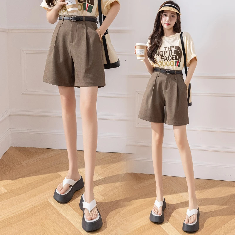 Casual streetwear Bermuda womens shorts high waist knee length womens shorts loose wide leg summer top gray khaki color 250312