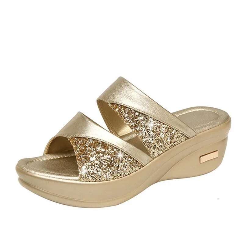 2024 New Women Summer Slippers Ladies Glitter PU Wedges Shoes Female Casual Sgbacks Sandals Comfortable Platform Woman