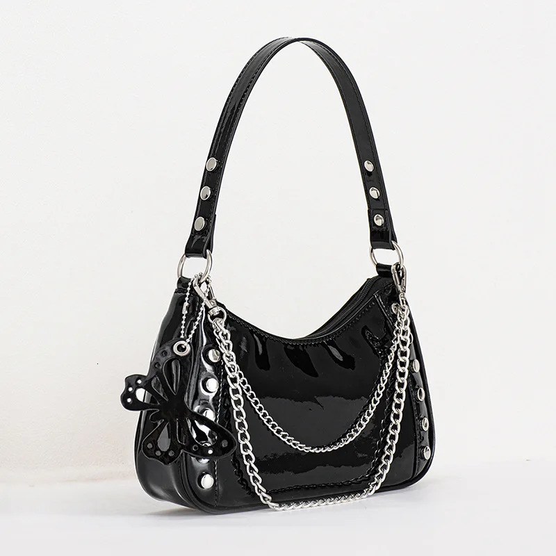 Fashion Y2K Women Chain Rivet Shoulder Bags Female Butterfly PU Leather Zipper Underarm Bags Cool Girls Punk Handbags Purse 250314