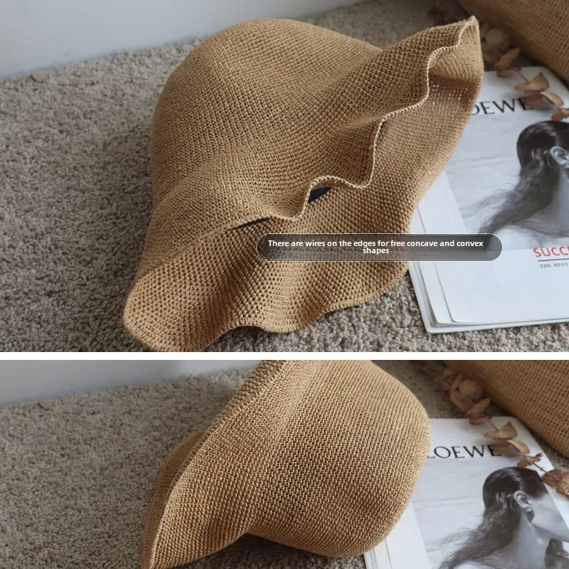 Foldable hand crocheted paper straw bucket hat suitable for womens summer sunshine breathable straw bucket hat 250314