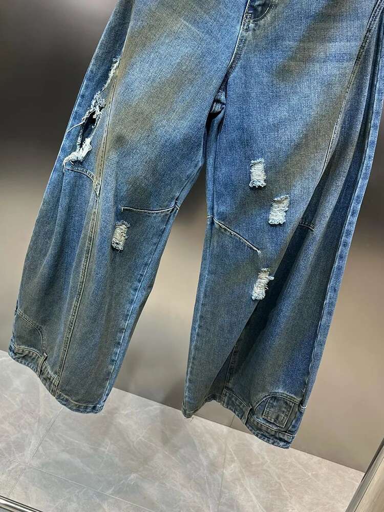 DEAT Vintage Trendy Women's Broken Hole Wide Leg Jeans 2025 Spring Fashion New High Waist Button Denim Pants Female 11Xx7806