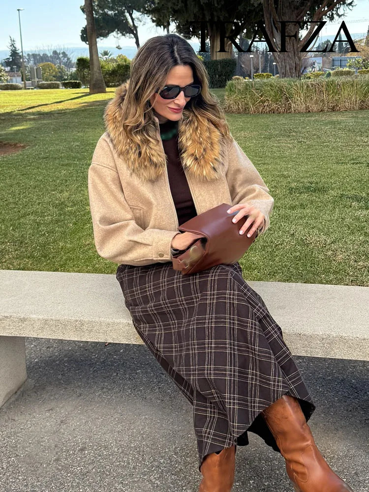 TRAFZA Women Spring Elegant High Waist Plaid Midi Skirt Versatile Pleated Woman Chic Casual Vintage Straight 250310