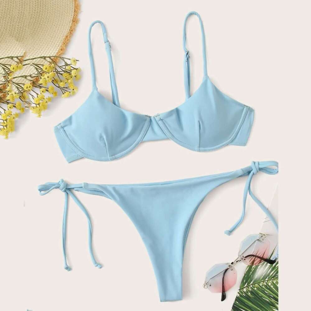 Two piece swimsuit, padded bra, push ups, tango underwear, solid color, lace up bikini, beachwear, summer