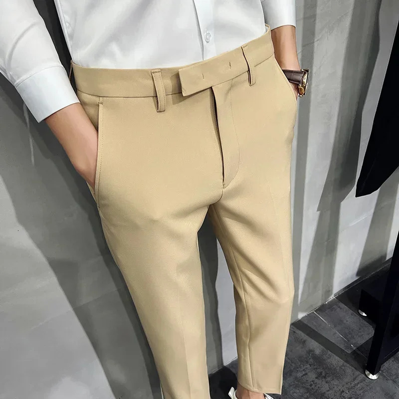 Mens Dress Pants Summer Fashion Dark Green Suit Pure Color Business Slim Fit Office Tight Cropped Trousers 250313